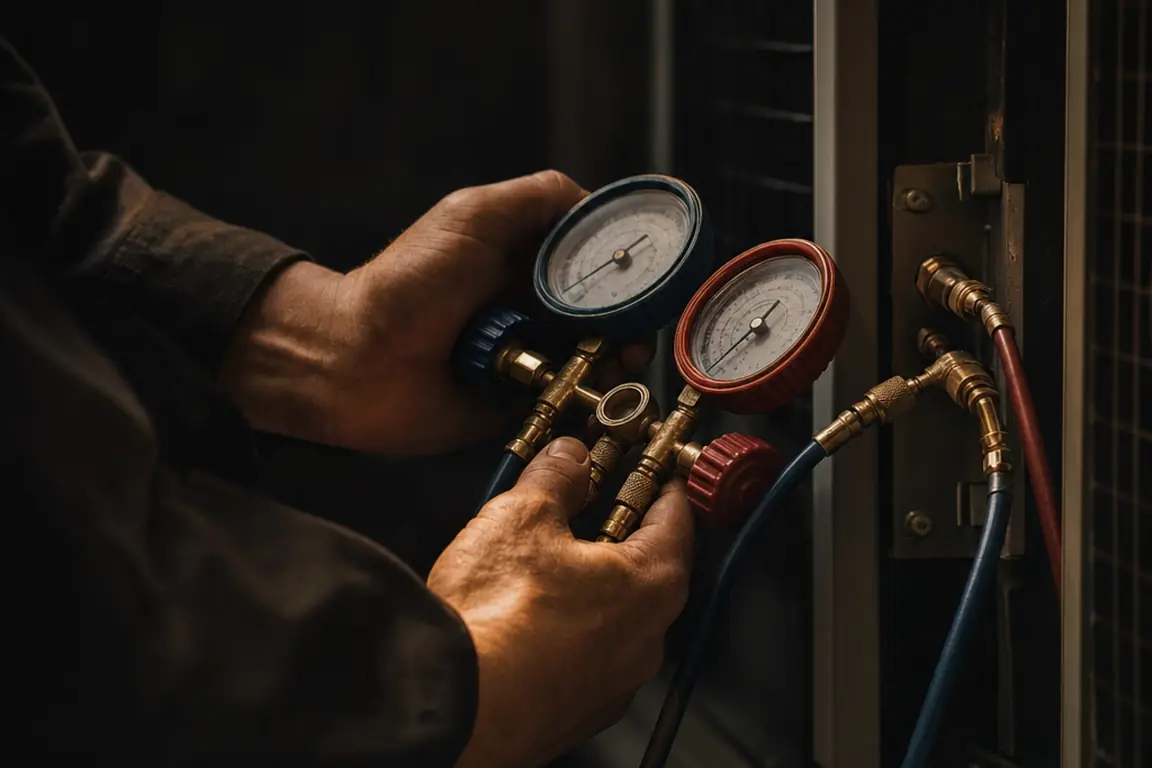Technician checking refrigerant pressures