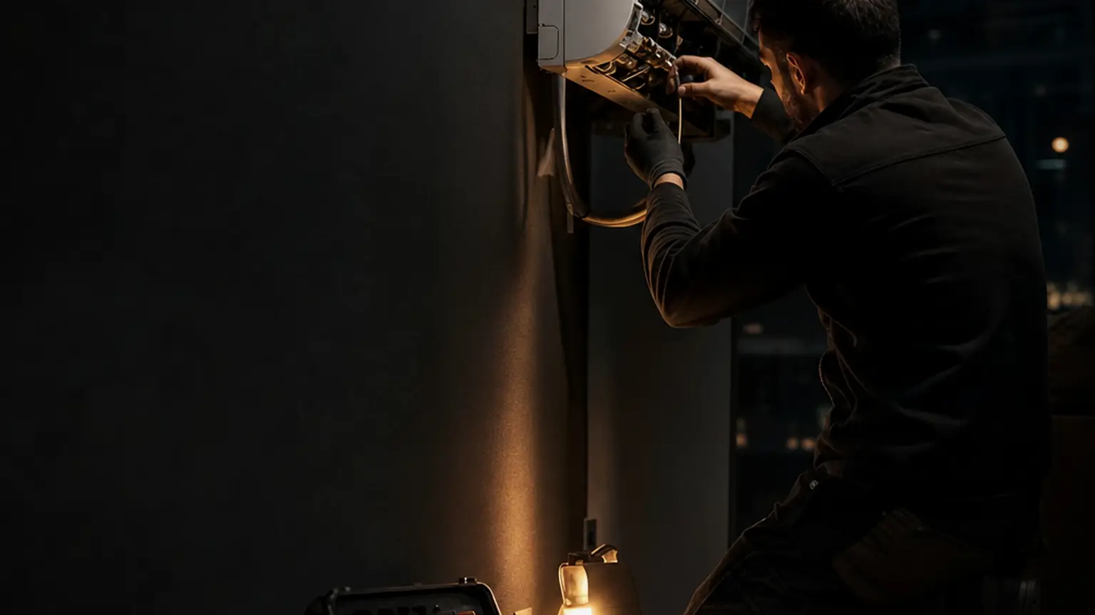 Technician servicing a split air conditioning unit at dusk